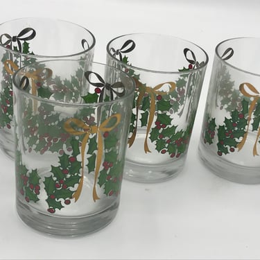 Set of (4) Holly with GOLD bows Tumblers- Rocks Glasses- Heavy Bottoms 