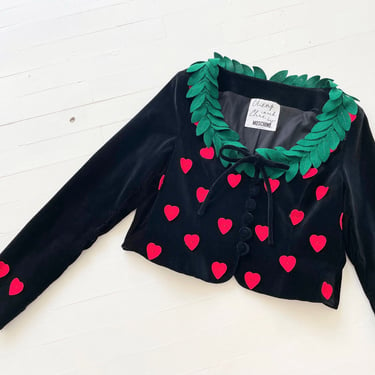 Vintage Moschino Black Velvet Jacket with Embroidered Hearts and Leaf Neckline 