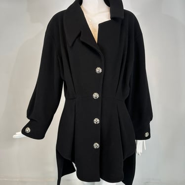 Thierry Mugler Black Wool Asymmetrical Coat with Silver button Snaps 1990s 44