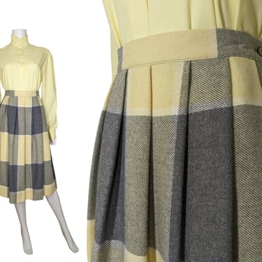 Vintage Pleated Plaid Skirt, Small / Heather Gray and Butter Yellow Pleated School Girl Skirt / Neutral Plaid Midi Skirt with Pocket 
