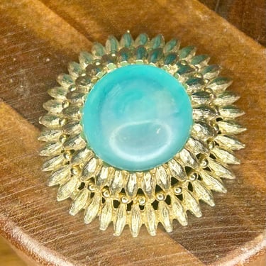 Vintage Gold Tone Blue Faux Stone Brooch Statement Retro Jewelry Mid Century 