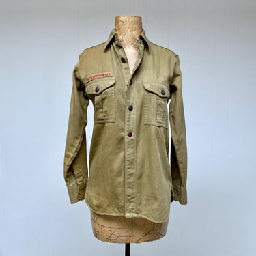 Vintage 1940s Boy Scouts of America Official Uniform Shirt, BSA Military Style Olive-Khaki Cotton Twill, 36" Chest, VFG 