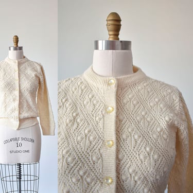 Vintage Cream Knit Cardigan / 1970s Cream Knit Cardigan / Womens Vintage Cardigan Small / Small Cable Knit Sweater / Vintage Cardigan Small 
