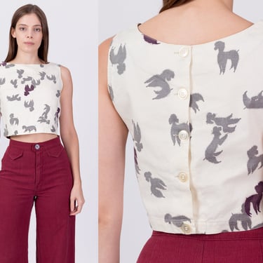 50s 60s Poodle Button Back Crop Top - Extra Small | Vintage Novelty Print Sleeveless Cropped Tank 