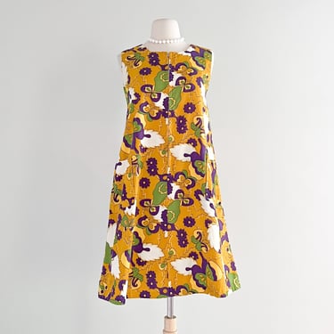 1960's Golden Butterfly Hawaiian Trapeze Dress / Sz M