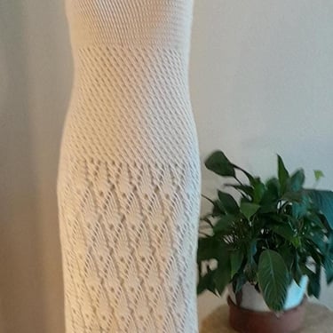 Vintage 20s Style Ecru Crochet 90s Midi Dress Cotton Crocheted Deco  Scallop Hem M/L 