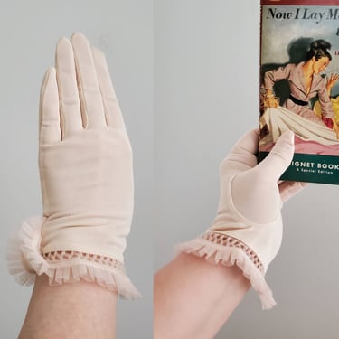 1950s Sheer  Gloves with Mesh Frilled Wrist - 50s Accessories - 50s Day Gloves 