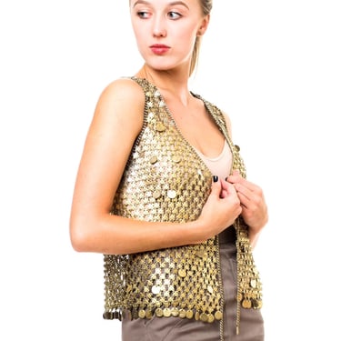 1970S PACO RABANNE  Style Antique Brass Metal Chainmail Middle Eastern Lucky Coin Vest 