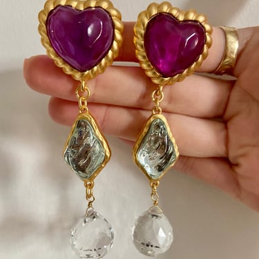 Brushed Gold Purple Heart Disco Dangle Earrings
