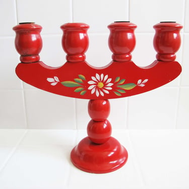 Vintage Red Made in Sweden 4 Prong Wood Candlestick - Smalands Slojd Hand Painted Christmas Tabletop Candelabra - Scandinavian Folk Decor 