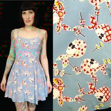 RARE Vintage 1990s does 1940s Lady Face Headscarf Novelty Print Fit N Flare Rayon Mini Dress by Shok - size Small to Medium 