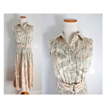 Vintage Cotton Sundress - 80s Leaf Print Sleeveless Midi Dress - Size Medium 