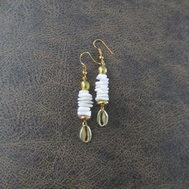 Modern sea shell earrings, puka and cowrie, gold 