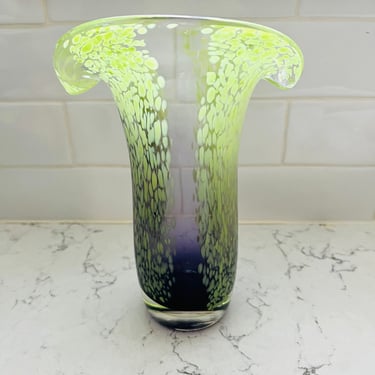 Murano Style Tulip Art Glass Speckled Green and Purple Vase with Double Flared Lip by LeChalet