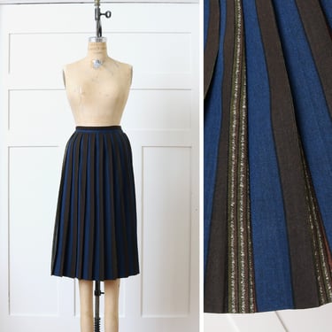 vintage 1950s pleated skirt • dark brown & indigo blue flecked wool midi skirt 