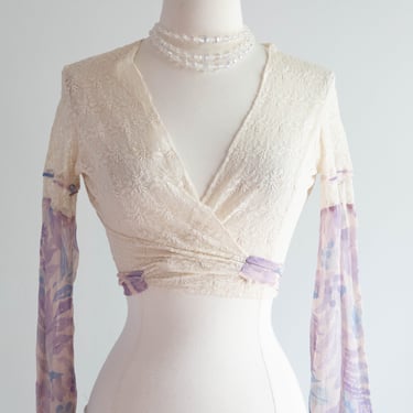 Ethereal 1930's Silk Chiffon and Lace Wrap Top / Small