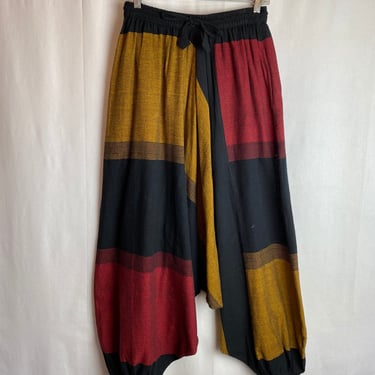 Vintage harem style pants ~color block plaid 100% cotton casual slacks cinched drawstring waist bold statement hammer pants 1990’s 