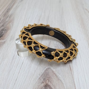 1980s Dominique Aurientis Wood Bracelet with Gold Embellishments - Fine French Costume Jewelry 