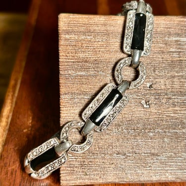 Vintage Art Deco Style Bracelet Marcasite Black Enamel Retro Estate Jewelry 