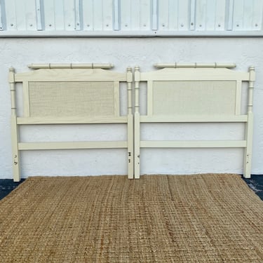 Set of 2 Vintage Twin Headboards with Faux Bamboo and Rattan - Coastal Hollywood Regency Bedroom Furniture Pair 