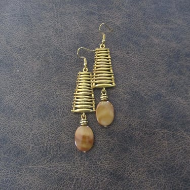 Mid century modern earrings gold and brown mother of pearl shell earrings 
