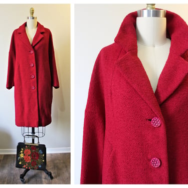 Vintage 1950s 60s Mayfair California Forstmann Deep Red Wool Overcoat // US 8 10 12 m l 