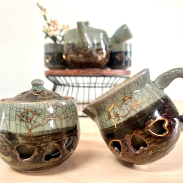 Vintage Somayaki Creamer and Sugar Set, Otagiri Somayaki Set, Gold Horse Design 