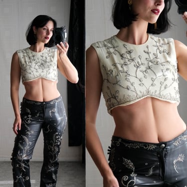 Vintage 60s Ivory Gabardine Silver & Clear Floral Beaded Ultra Cropped Top | Talon Zipper | 1950s 1960s PIn-Up Go-Go Beaded Midriff Crop Top 