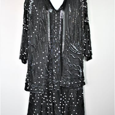 1980's , Black Flapper, Drop Waist , Two Piece - Black Beading Pearls,  Sheath and Duster, Gatsby Art Deco Styling, Size L/XL 