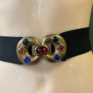 black jeweled stretch belt 1980s elastic ornate buckle large / XL 