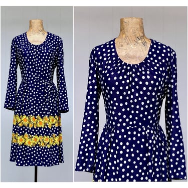 Vintage 1960s Navy Polka Dot and Daisies Print Dress, 60s Leslie Fay Charming Nylon Day Dress, Spring Fashion, Medium 40" Bust 