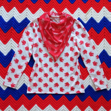 Cool Vintage 60s 70s Red White Patterned Long Sleeve Shirt with Matching Scarf 