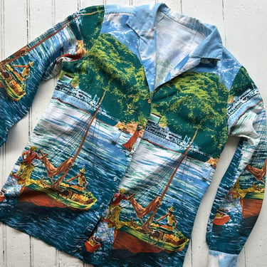 1970s Cotton Summer Lobster Boating Scene Novelty Print Shirt 