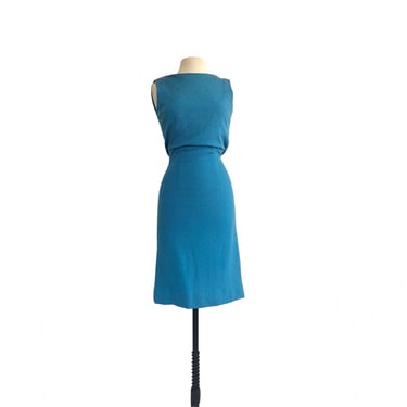Vintage 60s blue sheath dress with claw set rhinestones| blouson back| cerulean blue 