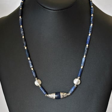 70's sterling sodalite mystic tribal necklace, blue stone tubes 925 silver swirled beads & discs hippie bib 