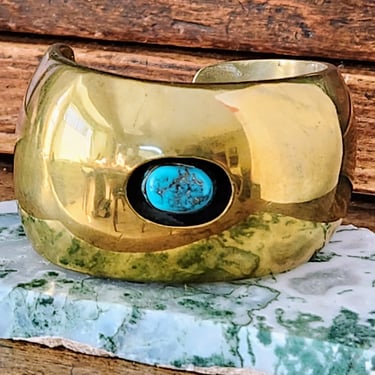 Vintage Shadowbox Cuff~Brass & Blue Turquoise Statement Bracelet 