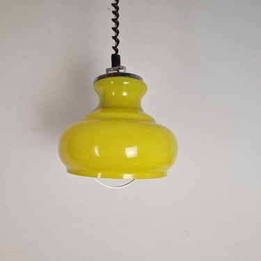 Vintage Yellow Glass Ceiling Light / Mid-century Pendant Lamp / Opaline Glass / Adjustable Height / 1970s Retro Lighting / Antique 