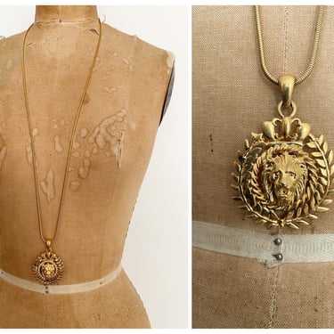 Vintage ‘80s Anne Klein lion pendant necklace | long gold chain, Leo astrology talisman 