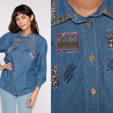 90s Denim Shirt Leopard Patchwork Abstract Blue Jean Hippie Button Up Collared Blouse Boho Artsy 1990s Long Sleeve Vintage 80s Medium M 