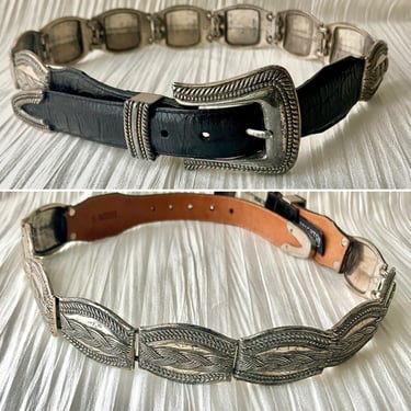 Brighton Leather Belt, Croc Embossed, Ornate Metal Links, Date 1993, Vintage 90s 