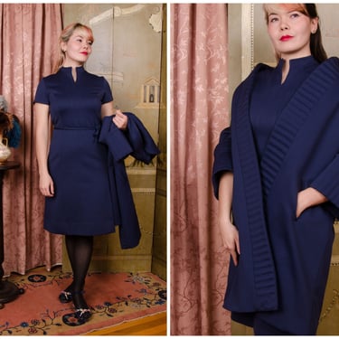 1960s Dress Set - Vintage 60s LILLI ANN KNIT Chic Mod Era Coat and Dress Two Piece Ensemble in Navy Blue 