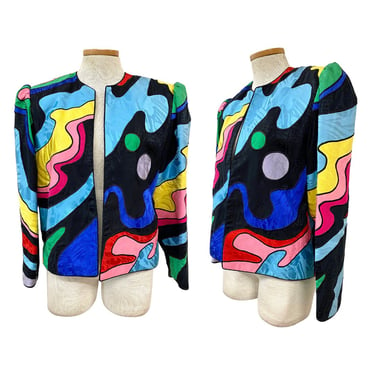 Vtg 80s 1980s Bright Abstract Print Avantgarde New Wave Silk Cropped Jacket 