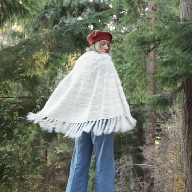 60's White Fringed Knit Shawl Wrap, Crochet Poncho Cape, Vintage Knit Sweater, 1960's Mod Crochet Poncho, Vintage Wedding Shawl 