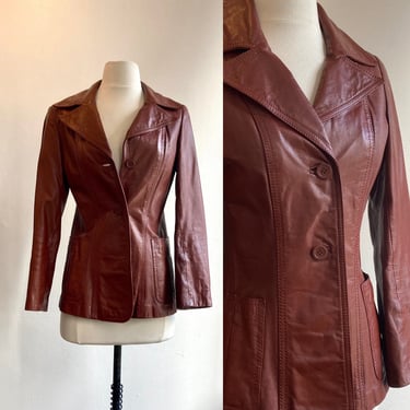 Vintage 70's Fitted LEATHER Jacket Coat / Two Button Closure + CHOCOLATE Brown / NORDSTROM 
