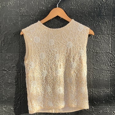 Ivory 1960s Beaded Sleeveless Cashmere Sweater