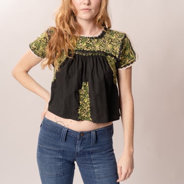 Black &amp; Green Mexican Embroidered Crop Top