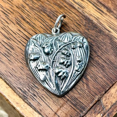 Vintage Solid Sterling Silver Heart Pendant Flowers Art Nouveau Style Jewelry 