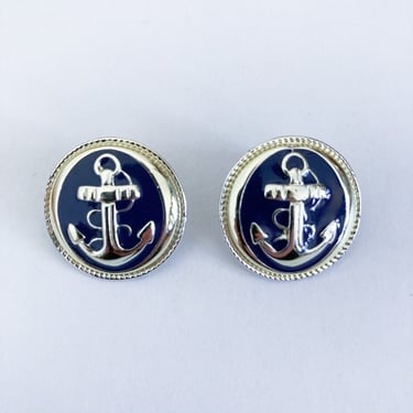 80s/90s Nautical Anchor Silver Toned Navy Blue Pierced Earrings 