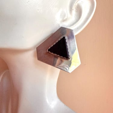 Vintage Navajo Earrings Sterling Onyx Clip on 