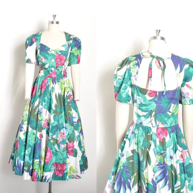 Vintage 1980s Dress / 80s Floral Print Backless Cotton Dress / Teal Purple ( large L ) 